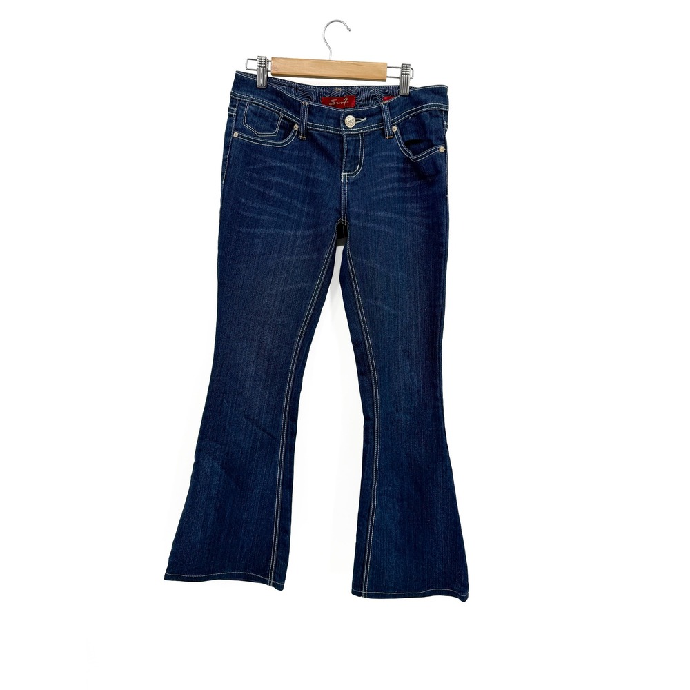 Seven7 Jeans Women 4P Blue Flare Mid Rise Contrast Stitch Stretch Denim - Picture 1 of 11